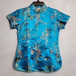 LAOGUDAI Blue Traditional Dragon Phoenix Print Cheongsam Shirt Qipao Top MED